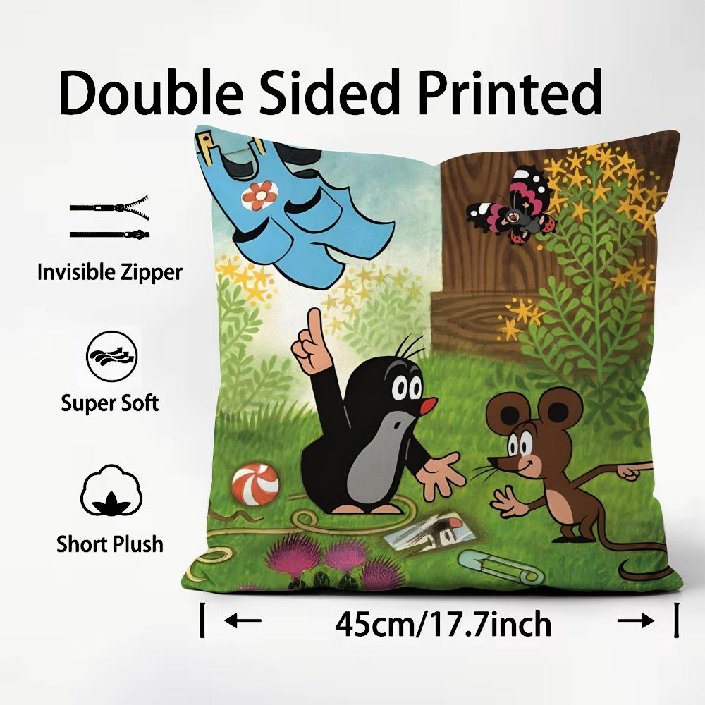 TThe LittleE Mole Cartoon Cushion Cover Plush Fabric Soft DoubleSided Printed Sofa Warm Winter Home Child Gift Pillow Case