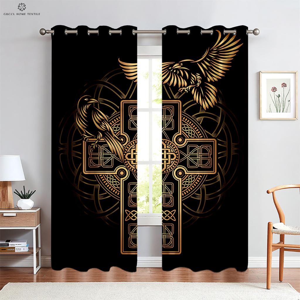 Шторы с геометрическим рисунком рунического щита и созвездия, черные шторы, для гостиной, на открытом воздухе, для спальни, кухни, для окна, 2 шт.