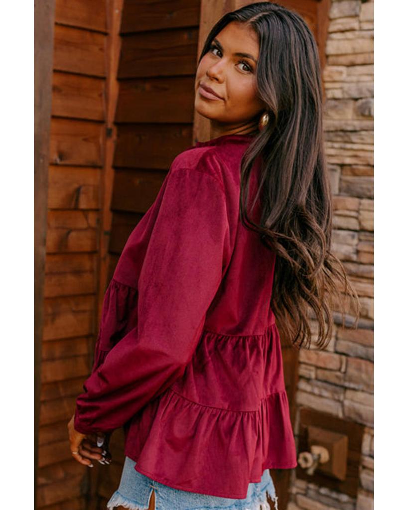 Azura Exchange Рубашка с круглым вырезом цвета бордового вельвета с оборками и пуговицами