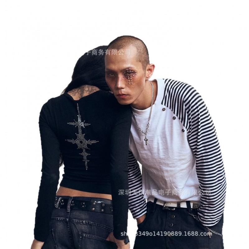 New Design Buttoned Color Block Striped Raglan T-Shirt Loose Long Sleeve Top Streetwear Deconstructed Style