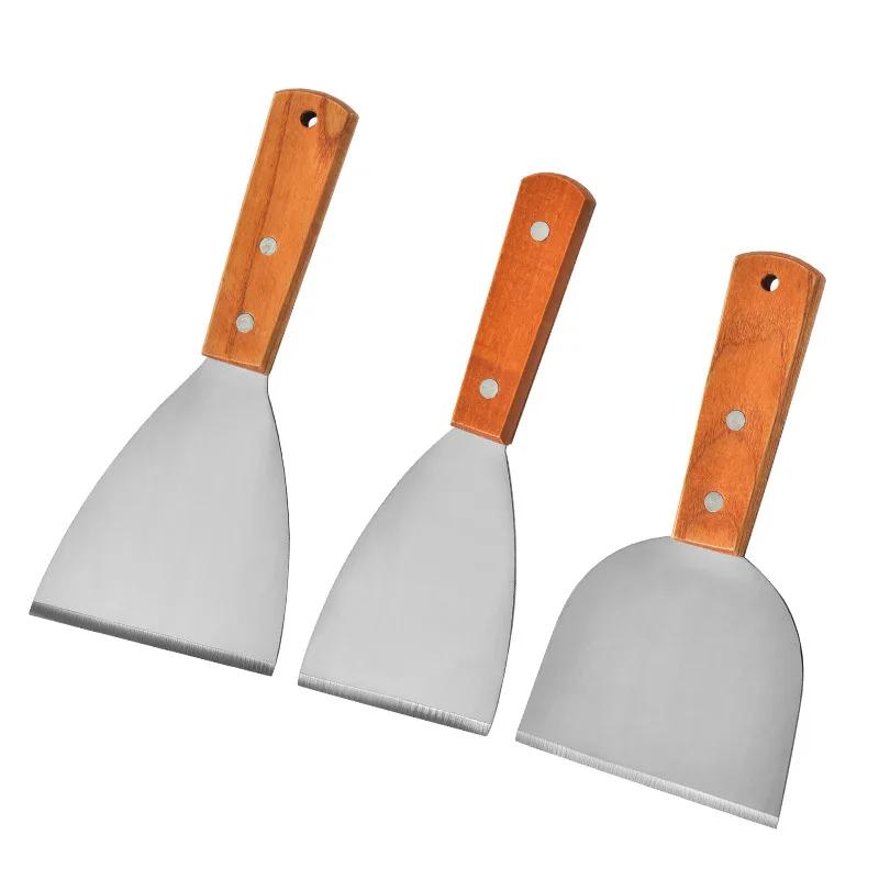 Wooden Handle Pancake Spatula Frying Steak Spatula Barbecue Spatula Stainless Steel Kitchen Baking Cooking Gadget Small