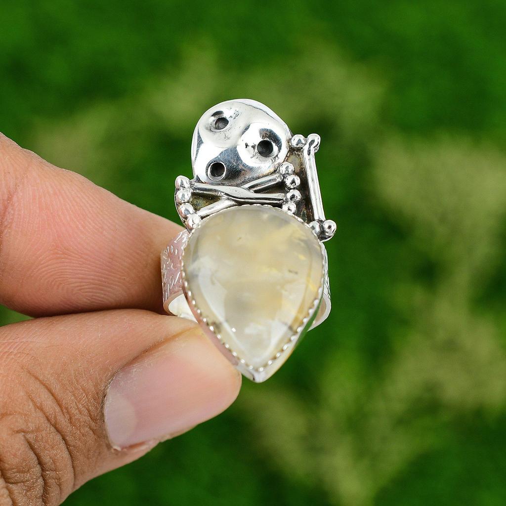 925 Silver Natural Plume Agate Promise Skull And Bone Adjustable Ring