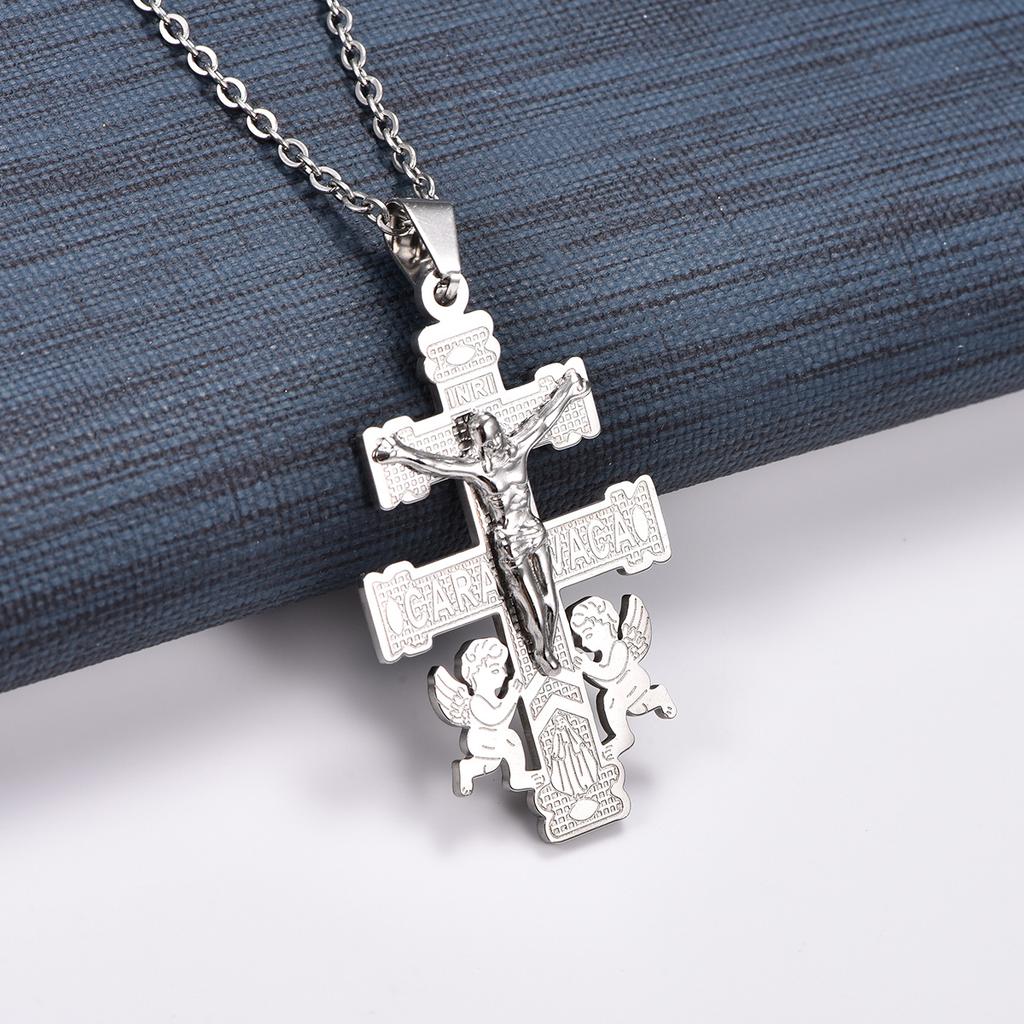 Retro Stainless Steel Little Angel Jesus Crucifix Cross Pendant Necklace Chain for Women Men Prayer Faith Charms Metal Jewelry
