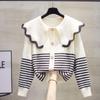 Women's Korean Style Peter Pan Collar Striped Knit Cardigan for Spring/Autumn 2025
