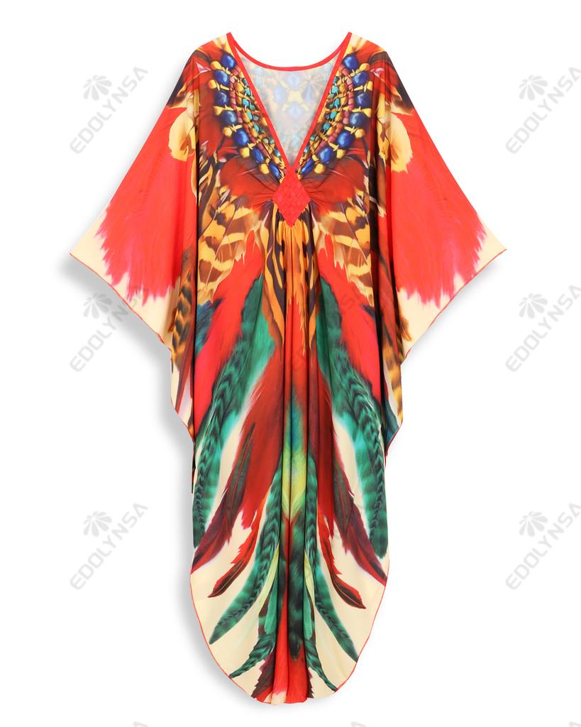 EDOLYNSA Плюс размер кафтан красный богемный принт летнее длинное пляжное платье женская домашняя одежда наряд купальный костюм накидка свободный кафтан