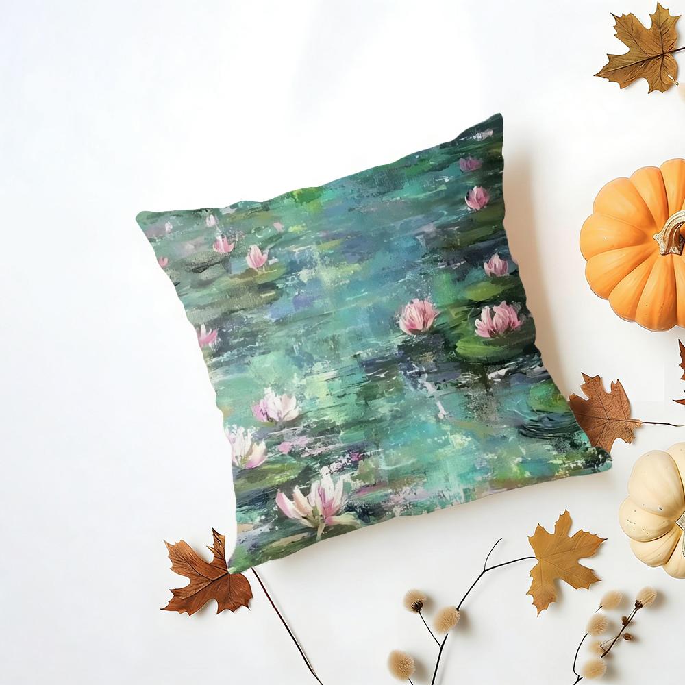 MMonet Water Lilies Cushion Cover Washable Linen Pillowcase Soft for Daily Sofa Bed Home Room Decor