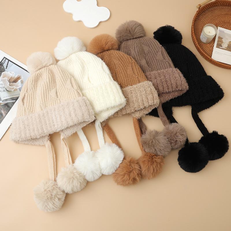 Осенне-зимняя шапка женская милая с помпоном, плюшевая из кроличьего пуха, теплая, модная, с защитой ушей, шерстяная шапка