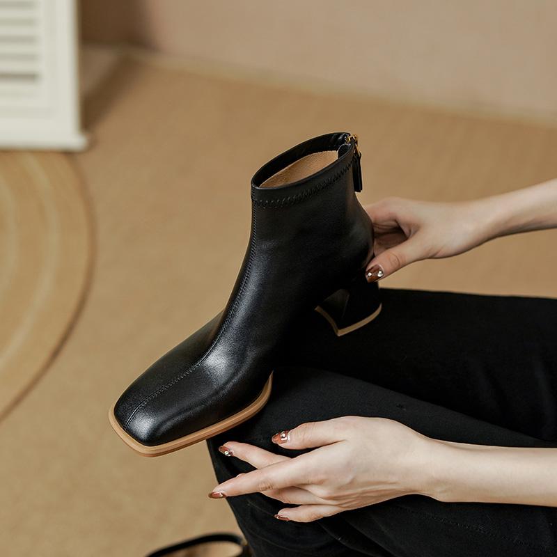 Осенние сапоги женские с круглым носком и толстым каблуком женские сапоги из натуральной кожи женские лаконичные короткие сапоги сапоги на высоком каблуке с застежкой-молнией