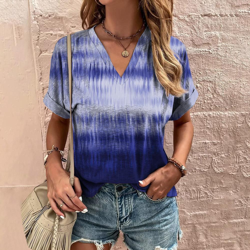 Летняя женская футболка с полосатым принтом, футболка в стиле тай-дай с коротким рукавом, женская одежда, V-образный вырез, свободная блузка, женские футболки