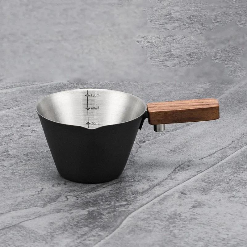 120ML Espresso Measuring Cup Wood Handle Single Spout with Scale Stainless Steel Extraction Cup Thicken Coffee Cup Barista Tool