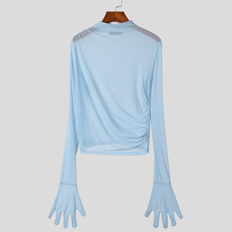 INCERUN Мужские прозрачные топы с длинным рукавом и оборками для клубной вечеринки, короткие сетчатые футболки