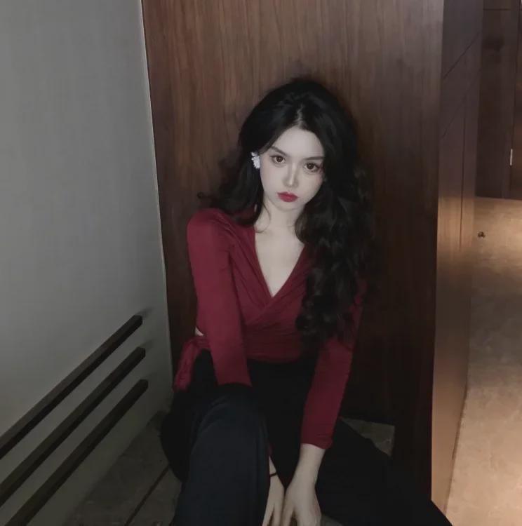 Женский облегающий топ со шнуровкой, V-образным вырезом, длинными рукавами и открытой талией