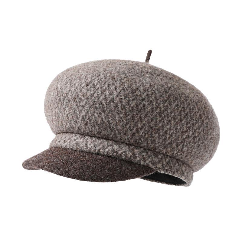 Vintage Checked Octagonal Hat Children Autumn and Winter 100% Wool Knitted Newsboy Hat Warm Beret Tide