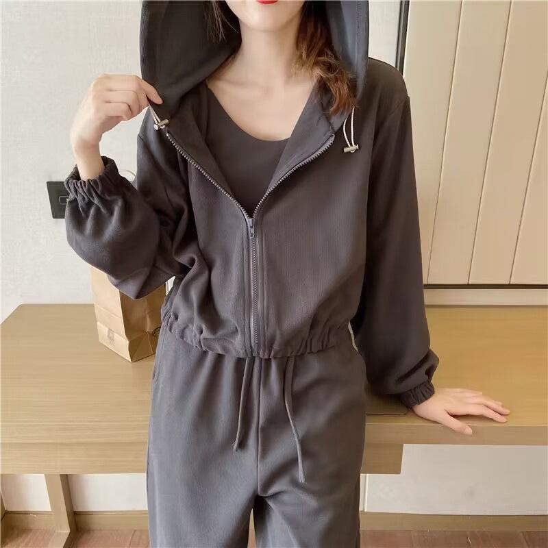 Women's Spring 2025 Three-Piece Tracksuit: Simple Hooded Jacket & Long Pants Set, Long-Sleeved Design