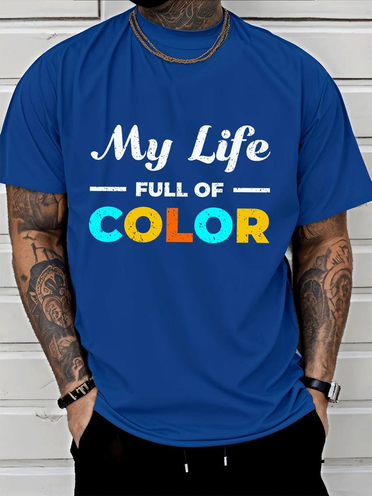 Unisex Crew Neck Tee My Life Full Of Color Retro Letter Print Short Sleeve Top Summer Outdoor Loose Soft Casual Basic Daily Wear