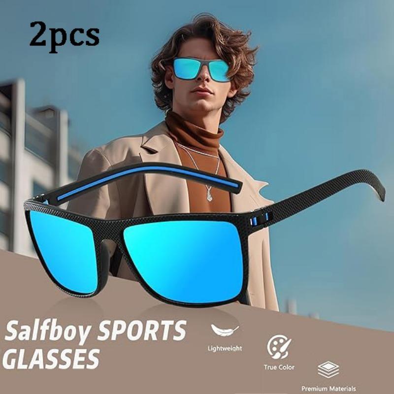Non-polarized 2pcs Men Sports Sunglasses for Outdoor Driving Fashion Square Frame Eyewear Cycling Anti-glare Large Frame Eyewear for Fishing Driving
