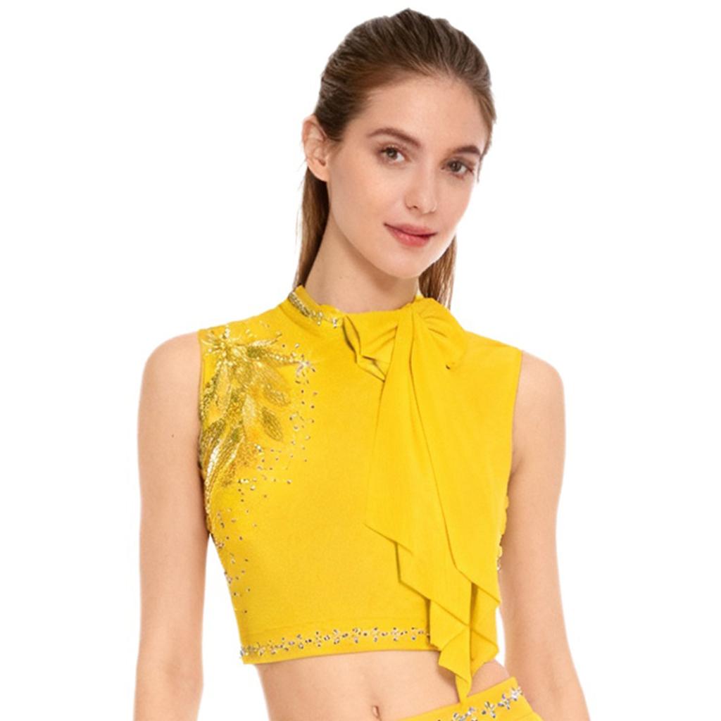 Женский современный танцевальный кроп-топ с пайетками, вышивкой, декором в виде банта, без рукавов, с вырезом на спине, танцевальная одежда