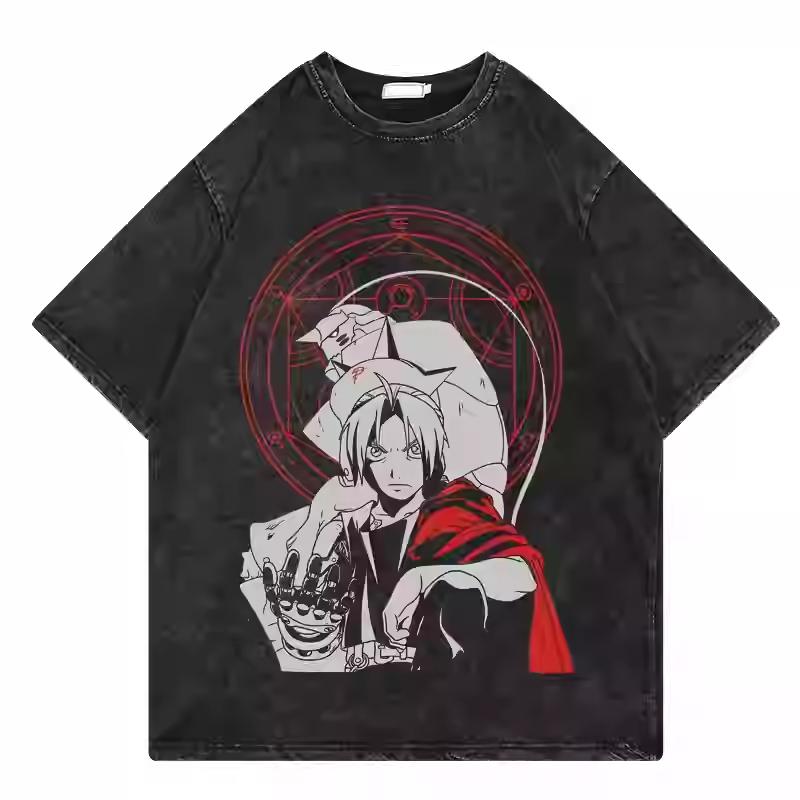 Anime Fullmetal Alchemist Brotherhood Gothic Frame Brothers Graphic Print T-Shirt Men Women retro Washed O-Neck Cotton Oversize streetwear fashion Top