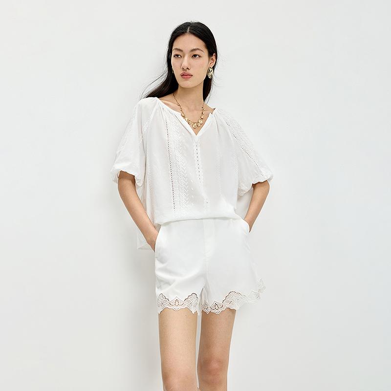 LILY Pure Cotton Embroidered Pullover Lace Shirt for Women