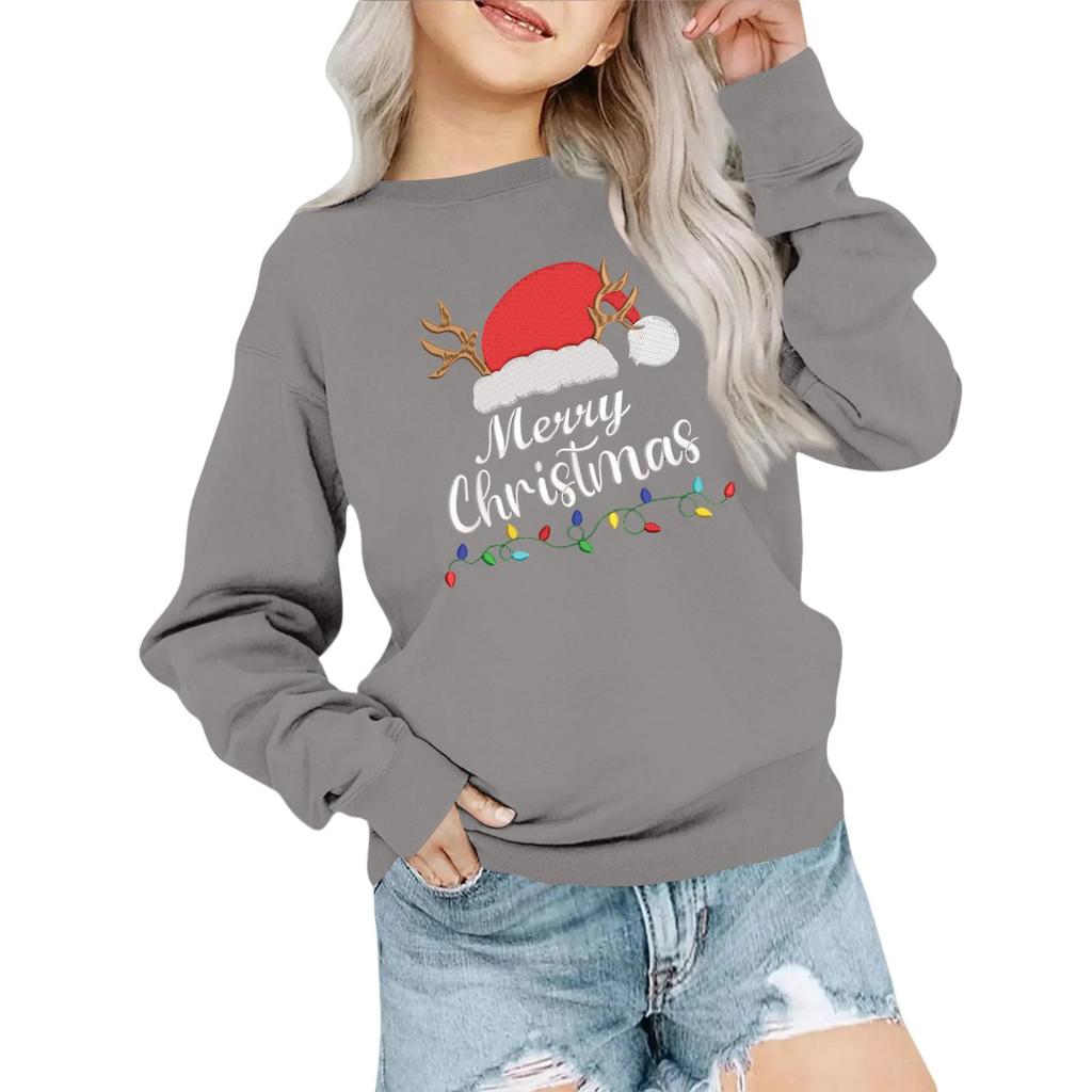 Kids' Fashion Loose-Fit Casual Long-Sleeve Christmas Print Oversized Crewneck Sweatshirt