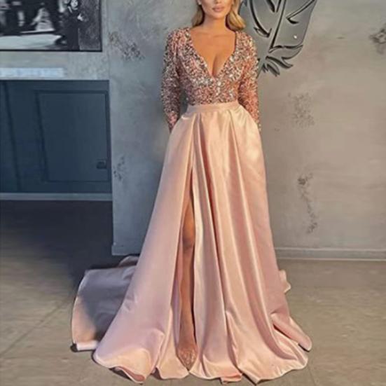 Women Evening Dress Low-cut V Neck Shiny Sequin Tight High Waist Split Hem A-line Big Swing Floor Length Satin Prom Wedding Party Lady Maxi Dress