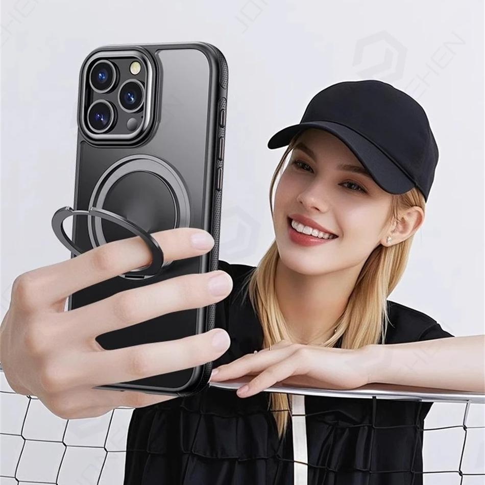 360° Rotation Ring Stand Magnetic Case For iPhone 13 14 15 16 17 18 Pro Max Matte Military Shockproof Armor Cover For Magsafe