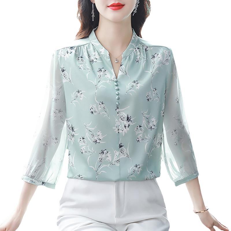 Милая шифоновая блузка для женщин, корейские женские топы и блузки с пышными рукавами, кардиган, рубашки с цветочным принтом, весна-лето