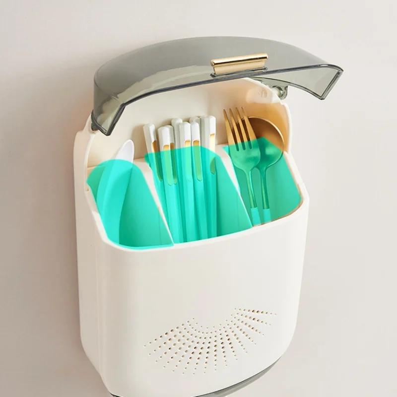 Wall-Mounted Dustproof Chopstick Holder Multi-functional Cutlery Holder Kitchen Knife Fork Spoon Container with Lid for Drainage