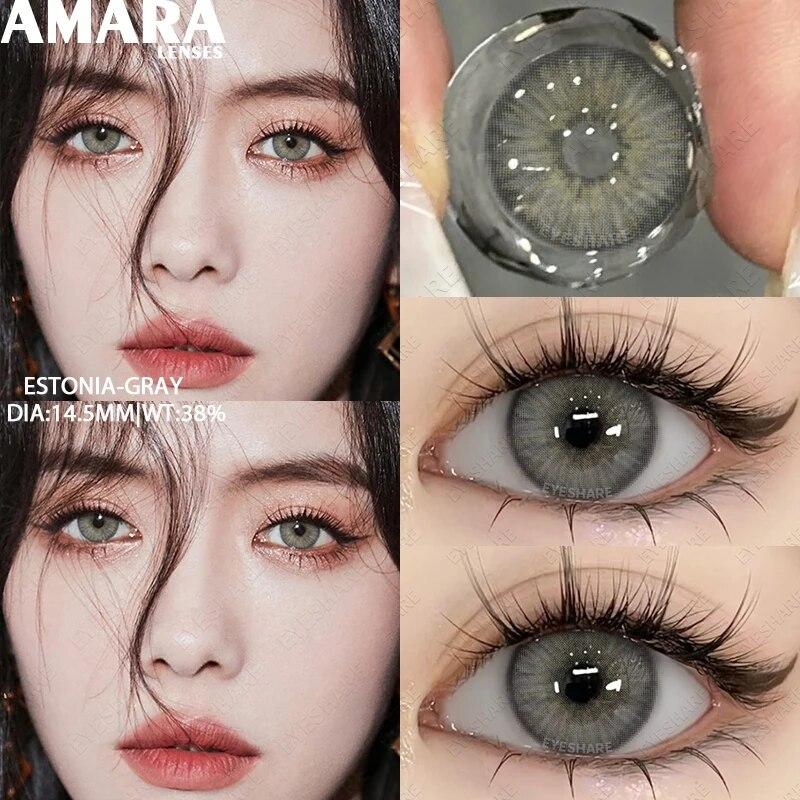 Цветные контактные линзы AMARA для глаз, голубые глаза, зеленые линзы, корейские модные серые линзы для больших глаз, линзы 14,5 мм, ежегодно, 2 шт./пара