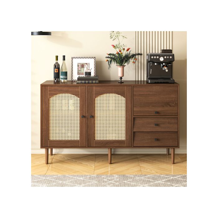 Buffet - MUVOE - 130 x 75,5 x 40 cm - Portes en rotin - Fermeture magnétique - Étagère réglable