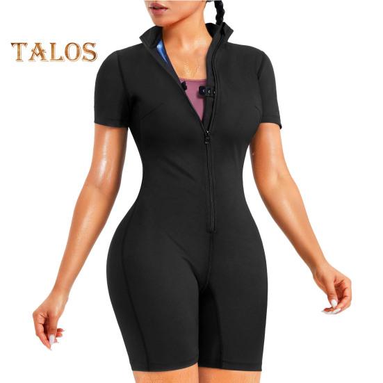 Спортивный компрессионный компрессионный компрессионный компрессионный компрессионный компрессионный комбинезон с застежкой-молнией и воротником-стойкой, спортивный костюм с короткими рукавами для сжигания калорий, спортивный костюм для тренировок с высокой эластичной талией