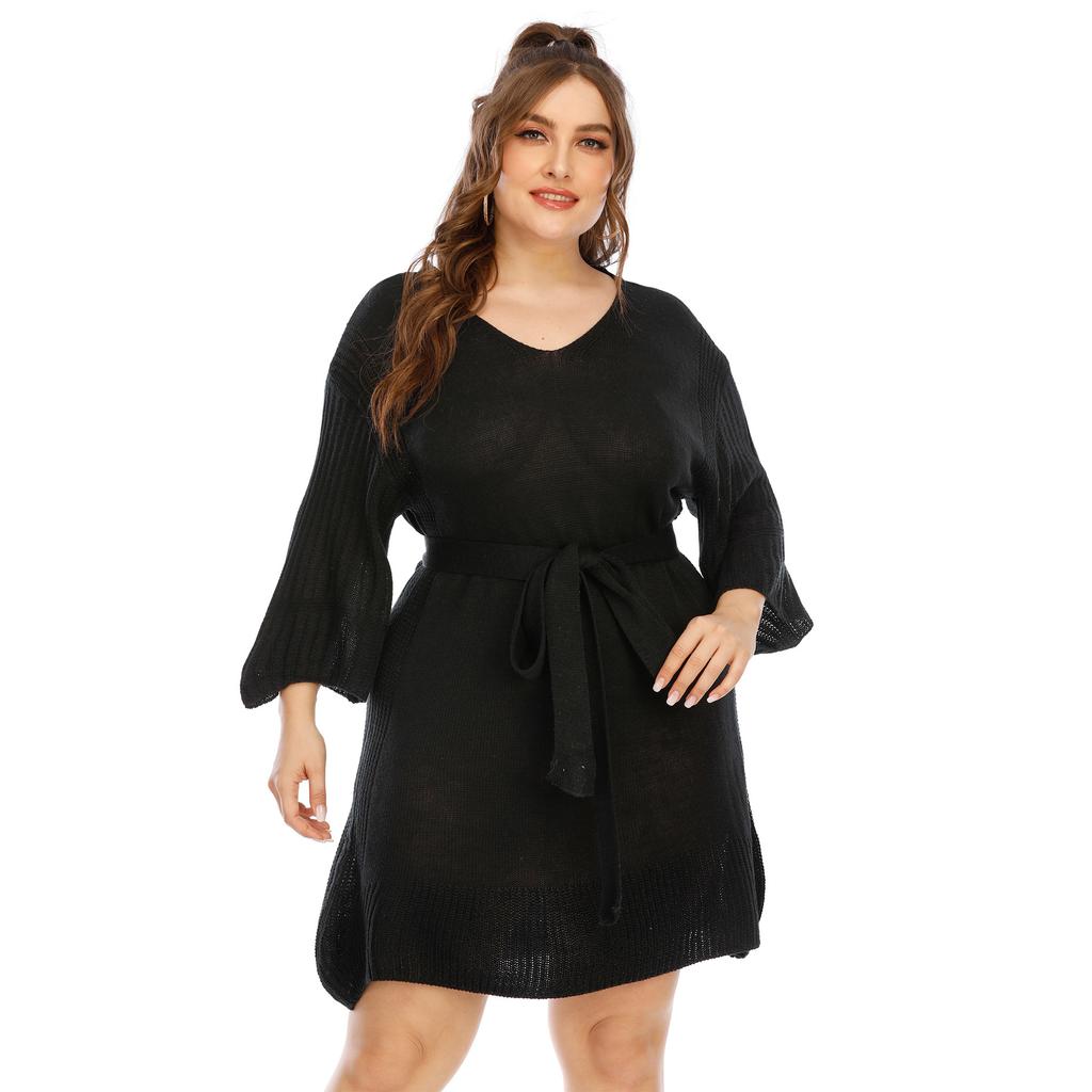 Женские осенне-зимние платья-свитера с расклешенными рукавами и завязками на талии