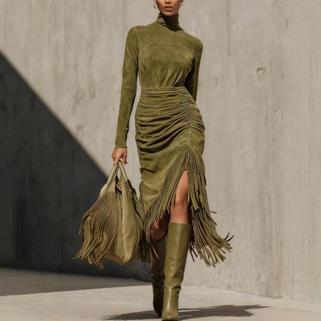 Женское элегантное платье с длинным рукавом, сексуальное, с неровной бахромой, однотонное