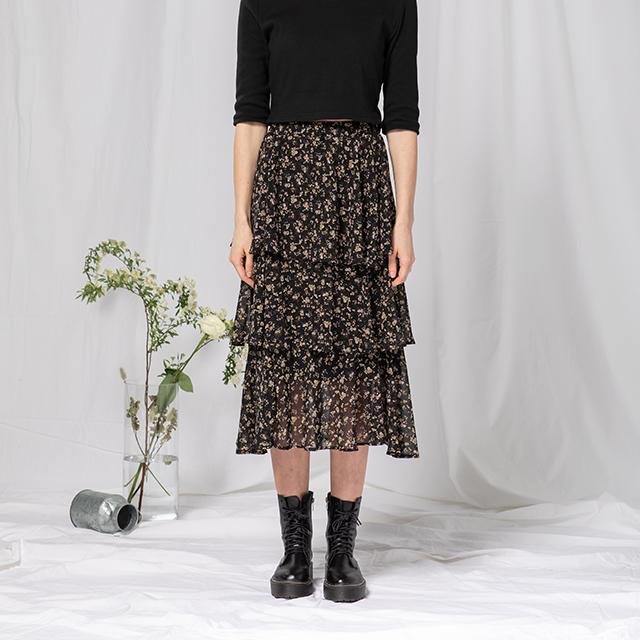 Raon Flower Cancan Midi Skirt (Bk)