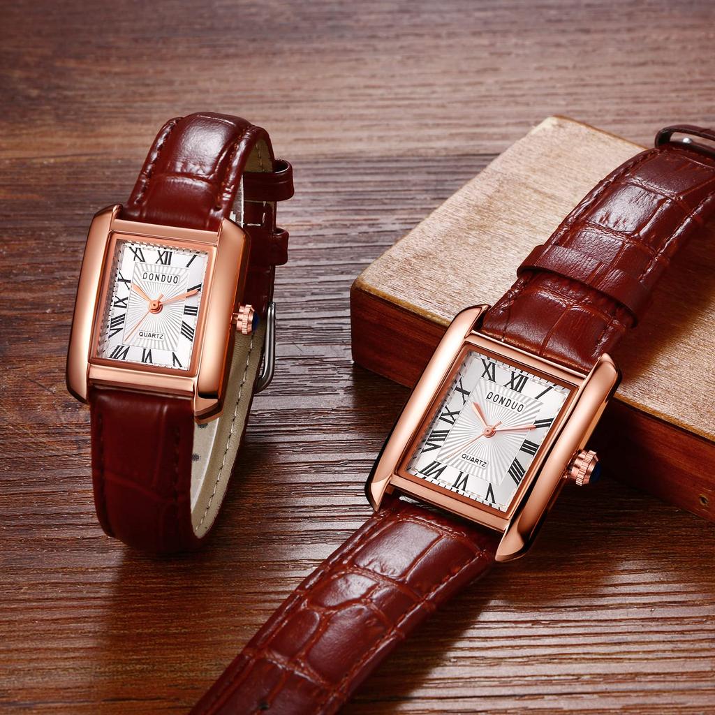 Часы квадратной пары Rome Analog Display Leather Remezzo Waterproof Quartz Watch Fashion Watch Brown Present Women's Couple - Boyfriend, Girlfriend,