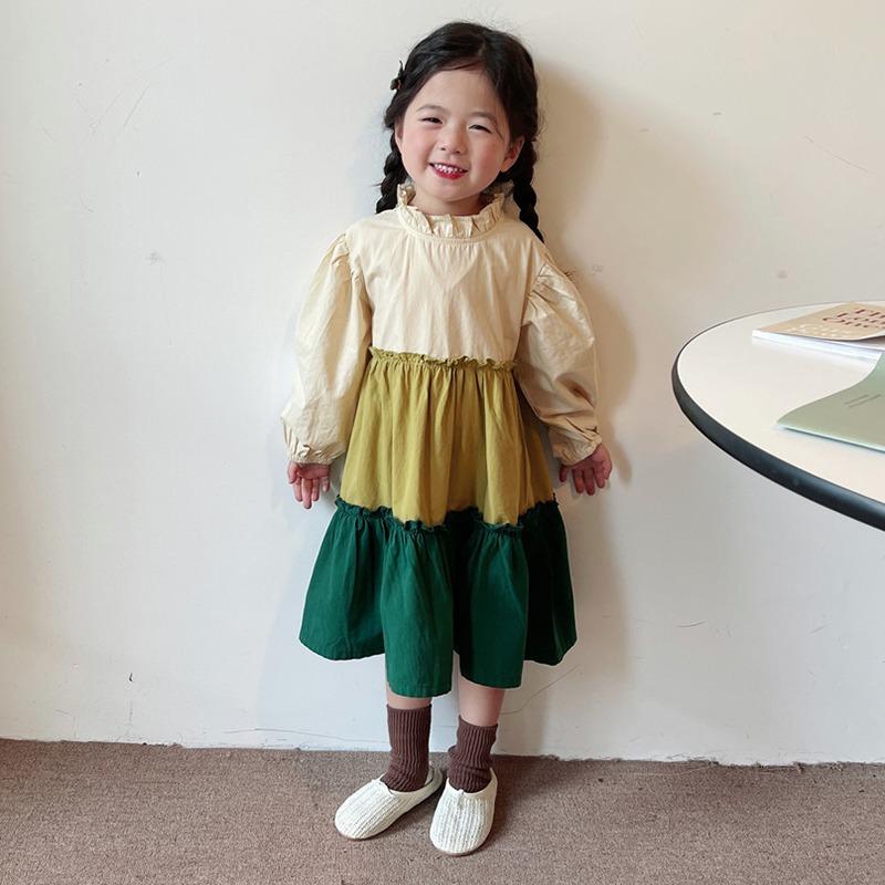 Платье с длинными рукавами для девочек, весна и осень, однотонное лоскутное платье