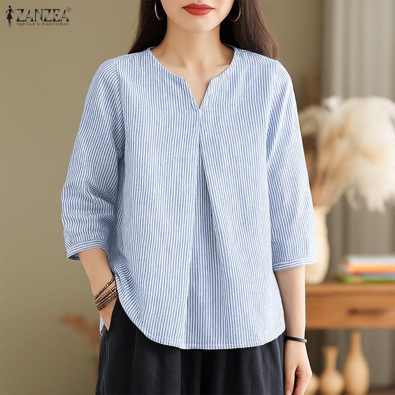 ZANZEA Women Casual V-Neck 3/4 Sleeve Loose Stripe Blouse