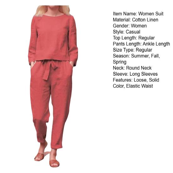 2 шт./комплект женский топ брюки комплект круглый вырез длинный рукав блузка винтажные эластичный пояс брюки повседневный досуг свободный наряд
