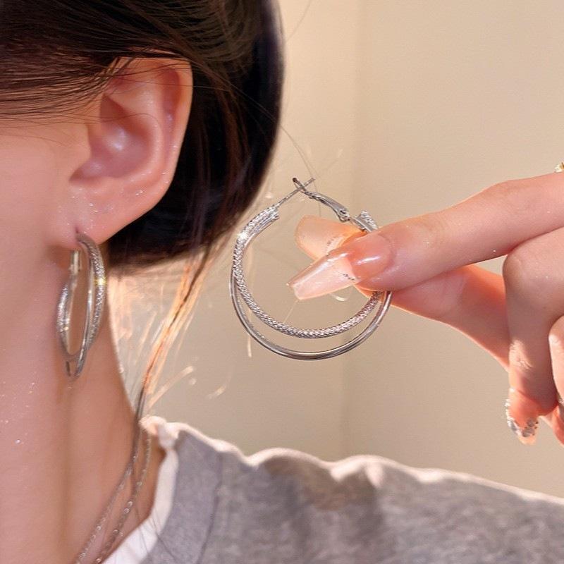 Серьги Tide Summer Silver Double Line Large Circle Thin Circle Temperament Gold Versatile Earrings