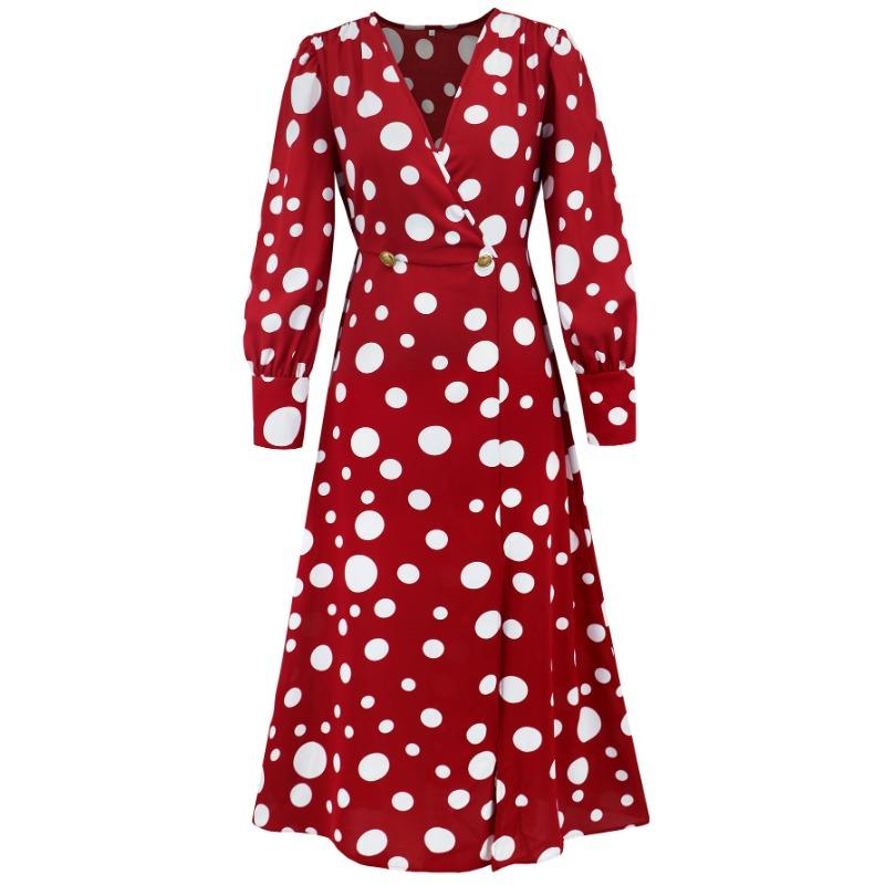 Autumn Dress New Women's New Sexy Long Sleeve Spotted Print V-neck Dress Dress