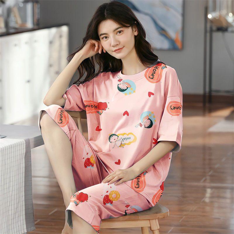 Летние капри в клетку женские пижамы для сна с короткими рукавами пижамные комплекты с рисунком пижамы из полиэстера 3XL 5XL домашняя мода