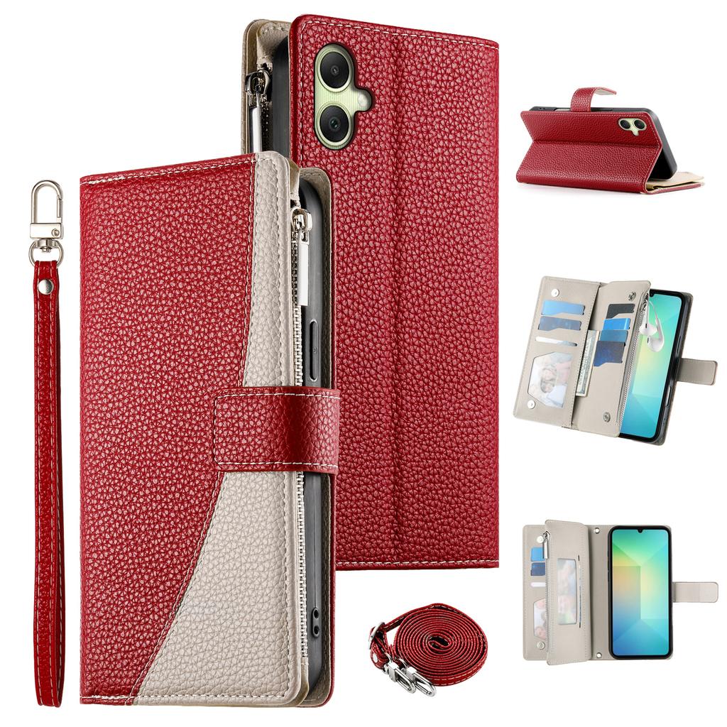 For Samsung Galaxy A06 4G Case Zipper Wallet Color Splicing Leather Flip Phone Cover with Straps