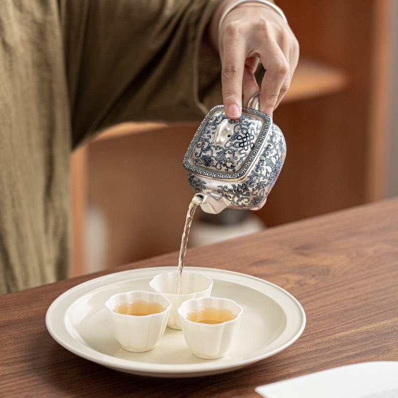 Позолоченный серебряный чайник ручной работы, цветной эмалированный чайник, домашний керамический чайный сервиз в стиле кунг-фу, квадратный чайник в китайском стиле, подарок