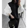 [Meluse] balloon sleeve shirt blouse crew neck docking tops switching long sleeve spring autumn ladies cut and sew long sleeve different material