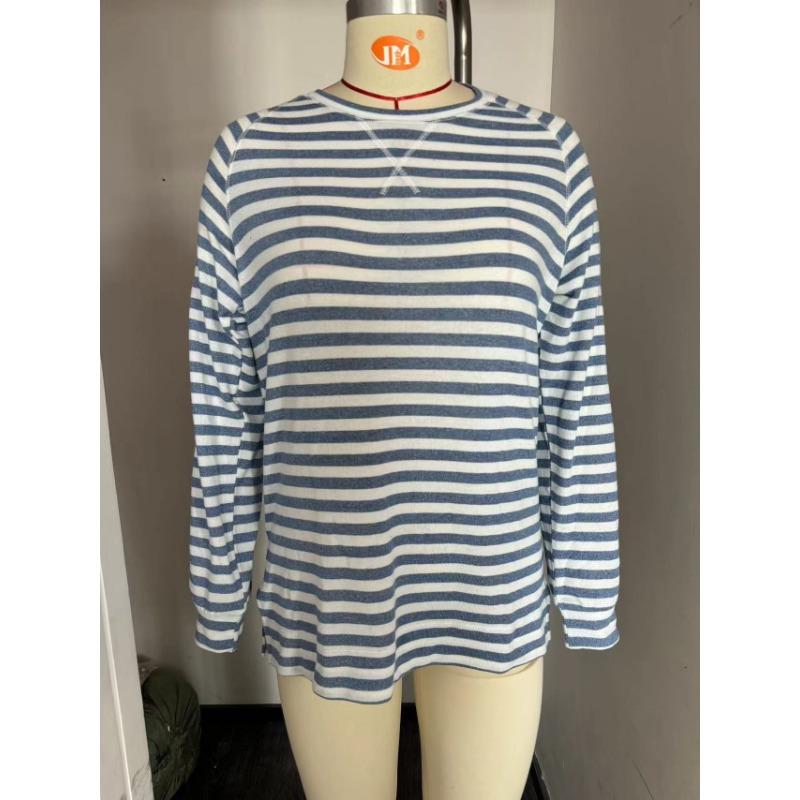 Autumn Winter Striped Contrasting Round Neck Long Sleeved Loose T-shirt Top for Women