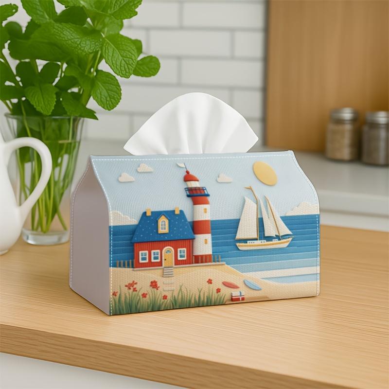 1pc Waterproof Lighthouse Tissue Box Cover - Nautical Themed Suitable for Home & Car Decor, Coastal Seaside Design with Lighthouse & Waves, Napkin Hol