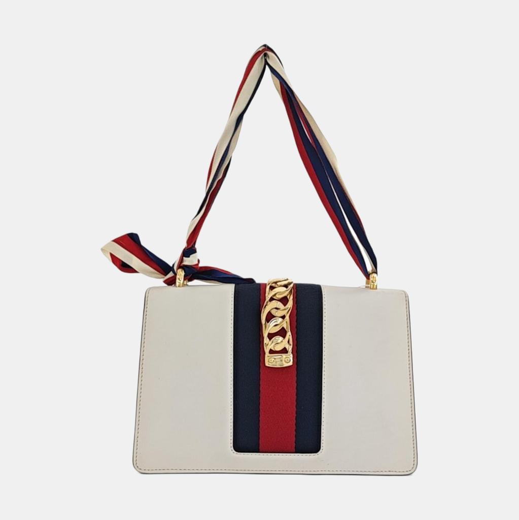 [Pre-Owned] Sylvie Gold Buckle Striped Web Satin Bow Wide Shoulder Strap Leather Handbag - Good #MTGR6A