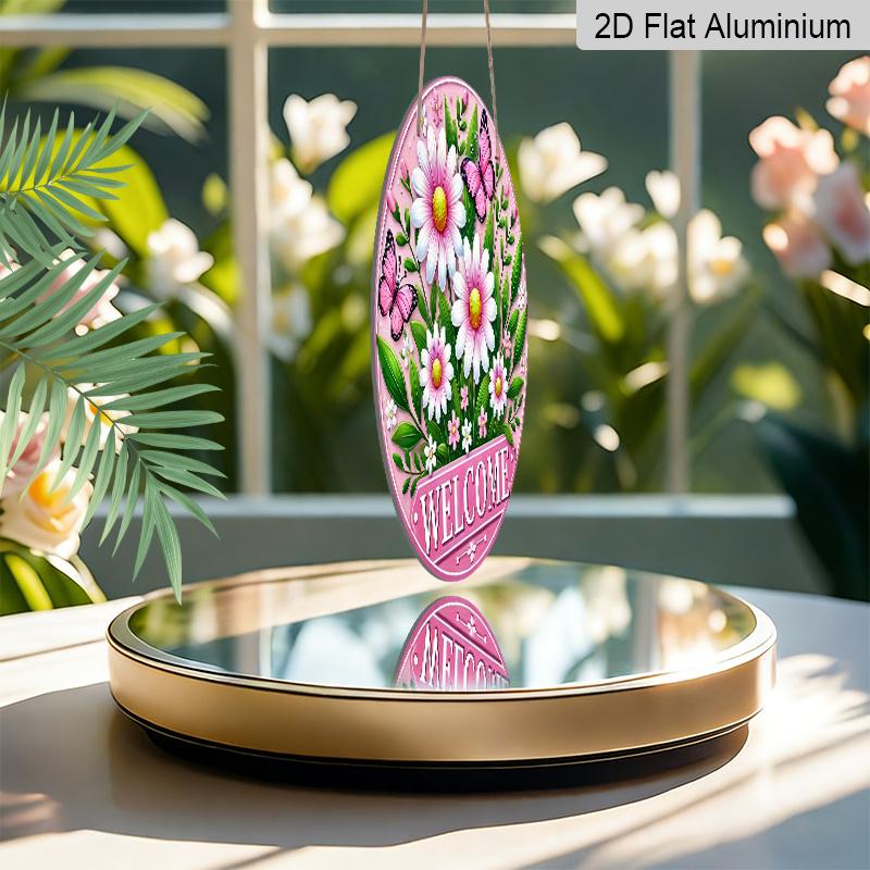 2D Flat, 1pc Charming Pink Daisy & Butterfly Welcome Sign - Round Aluminum Door Decor with Vibrant Floral Design, Perfect for Home & Garden Entrance