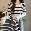 Square Collar Striped Knitted Sweater for Women's Autumn New Design Sense, Niche Long Sleeved Versatile Chic Sweater Top Trend