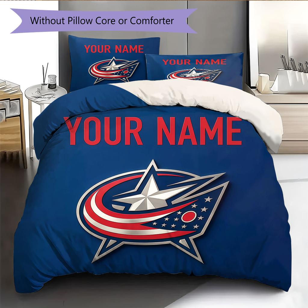 Custom Name,Columbus Blue Jackets Pattern Bedding Home Decoration Birthday Gift ( 1 duvet cover + 2 pillowcase, without core),fan merchandise.